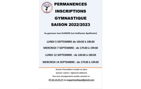 INSCRIPTIONS GYMNASTIQUE SAISON 2022/2023